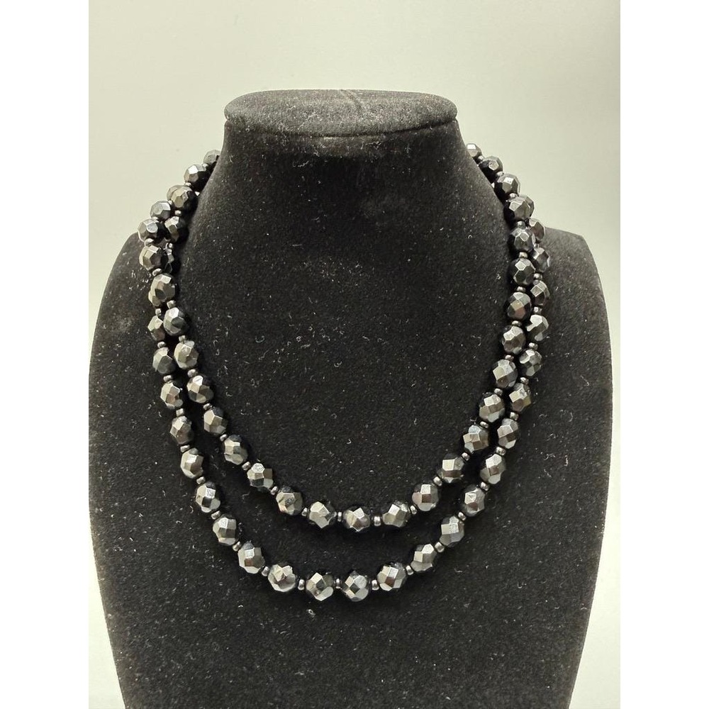 Vintage Jet Black Faceted Glass Beaded Necklace‎ 30" Opera Heavy Sparkle Dark